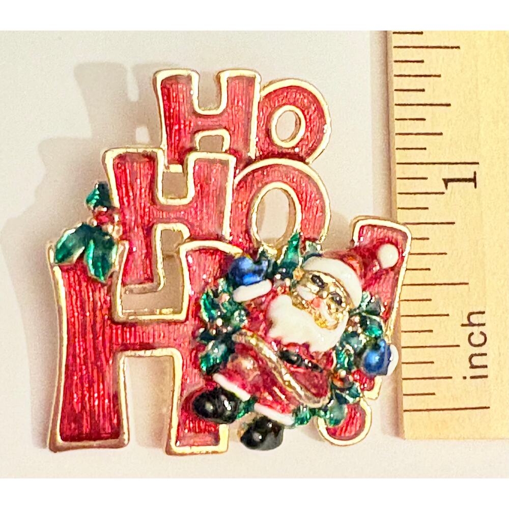 Vintage HO HO HO Santa Enamel Christmas Brooch Pin - Picture 2 of 3